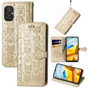 For Xiaomi Poco M5 Cute Cat and Dog Embossed Leather Phone Case(Gold)