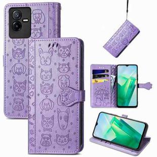 For vivo T2X Cute Cat and Dog Embossed Leather Phone Case(Purple)