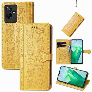 For vivo T2X Cute Cat and Dog Embossed Leather Phone Case(Yellow)