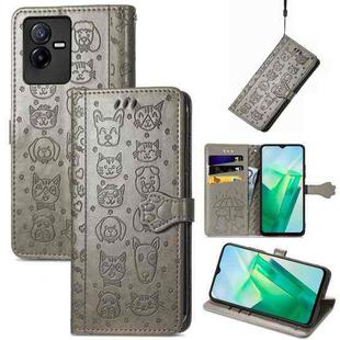 For vivo T2X Cute Cat and Dog Embossed Leather Phone Case(Gray)