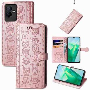 For vivo T2X Cute Cat and Dog Embossed Leather Phone Case(Rose Gold)