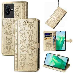 For vivo T2X Cute Cat and Dog Embossed Leather Phone Case(Gold)