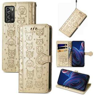 For ZTE Blade A72 4G Cute Cat and Dog Embossed Leather Phone Case(Gold)