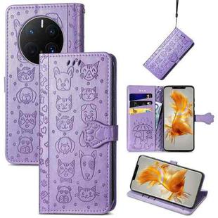 For Huawei Mate 50 Pro Cute Cat and Dog Embossed Leather Phone Case(Purple)