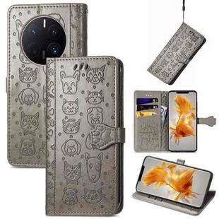 For Huawei Mate 50 Pro Cute Cat and Dog Embossed Leather Phone Case(Gray)