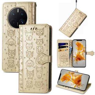 For Huawei Mate 50 Pro Cute Cat and Dog Embossed Leather Phone Case(Gold)