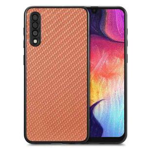 For Samsung Galaxy A50 Carbon Fiber Texture Leather Back Cover Phone Case(Brown)