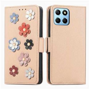 For Honor X8 5G Stereoscopic Flowers Leather Phone Case(Khaki)