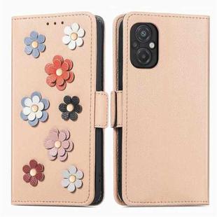 For Xiaomi Poco M5 Stereoscopic Flowers Leather Phone Case(Khaki)