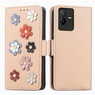 For vivo T2X Stereoscopic Flowers Leather Phone Case(Khaki)