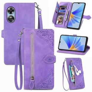 For OPPO A17 Embossed Flower Shockproof Leather Phone Case(Purple)