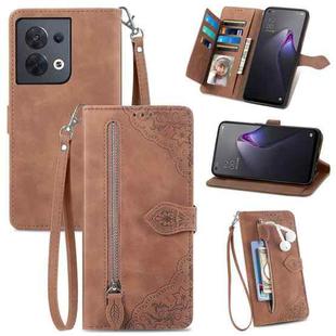 For OPPO Reno8 Embossed Flower Shockproof Leather Phone Case(Brown)