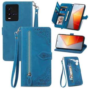 For vivo iQOO 10 Embossed Flower Shockproof Leather Phone Case(Blue)