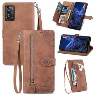 For ZTE Blade A72 4G Embossed Flower Shockproof Leather Phone Case(Brown)