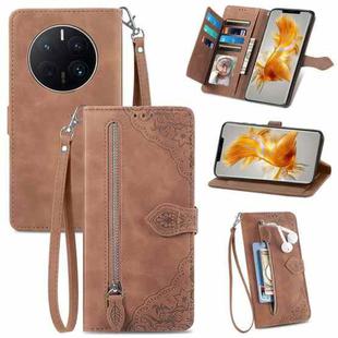For Huawei Mate 50 Pro Embossed Flower Shockproof Leather Phone Case(Brown)