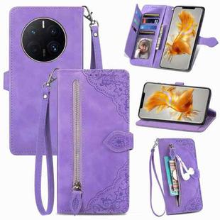 For Huawei Mate 50 Pro Embossed Flower Shockproof Leather Phone Case(Purple)