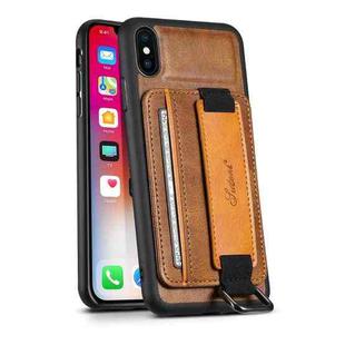 Suteni H13 Card Wallet Wrist Strap Holder PU Phone Case For iPhone XR(Brown)