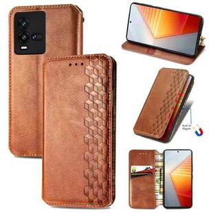 For vivo iQOO 10 Cubic Grid Pressed Magnetic Leather Phone Case(Brown)