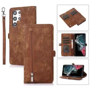 For Samsung Galaxy S22 Ultra 5G Zipper Card Slot Buckle Wallet Leather Phone Case(Brown)