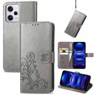 For Xiaomi Redmi Note 12 Pro+ China Four-leaf Clasp Embossed Buckle Leather Phone Case(gray)
