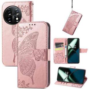 For OnePlus 11 Butterfly Love Flower Embossed Flip Leather Phone Case(Rose Gold)