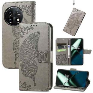 For OnePlus 11 Butterfly Love Flower Embossed Flip Leather Phone Case(Gray)