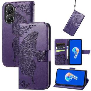 For Asus Zenfone 9 Butterfly Love Flower Embossed Leather Phone Case(Purple)