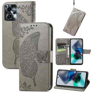 For Motorola Moto G23 Butterfly Love Flower Embossed Flip Leather Phone Case(Gray)