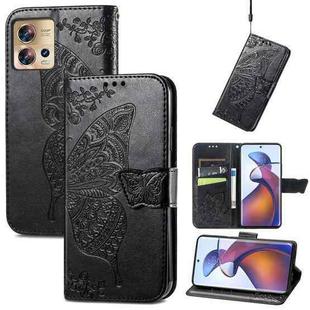 For Motorola Edge 30 Fusion Butterfly Love Flower Embossed Flip Leather Phone Case(Black)