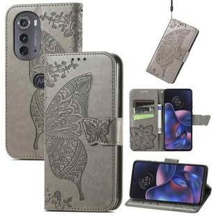 For Motorola Edge 2022 Butterfly Love Flower Embossed Flip Leather Phone Case(Gray)