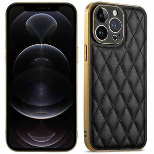 For iPhone 12 Pro Suteni Electroplated Rhombus Grid Leather Soft TPU Phone Case(Black)