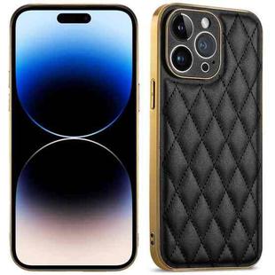 For iPhone 14 Pro Max Suteni Electroplated Rhombus Grid Leather Soft TPU Phone Case(Black)