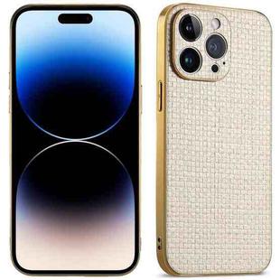 For iPhone 14 Pro Suteni Electroplated Woven Cloth PU Soft TPU Phone Case(Apricot White)