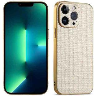 For iPhone 13 Pro Max Suteni Electroplated Woven Cloth PU Soft TPU Phone Case(Apricot White)