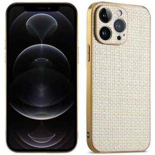 For iPhone 12 Pro Suteni Electroplated Woven Cloth PU Soft TPU Phone Case(Apricot White)