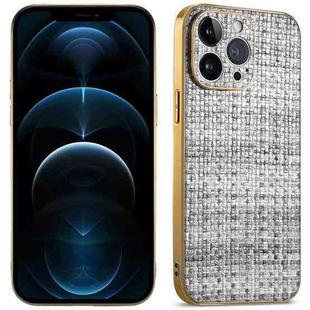 For iPhone 12 Pro Max Suteni Electroplated Woven Cloth PU Soft TPU Phone Case(Black Gray)