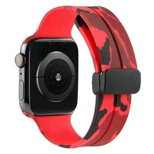 Magnetic Clasp Camouflage Silicone Watch Band For Apple Watch Series 8&7 45mm / SE 2&6&SE&5&4 44mm / 3&2&1 42mm(Camouflage Red)