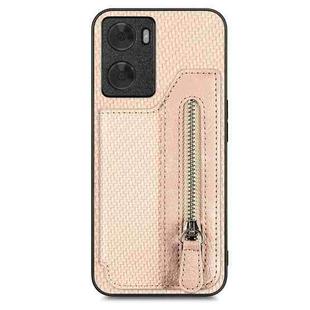 For OPPO A57 4G Carbon Fiber Flip Zipper Wallet Phone Case(Khaki)