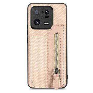 For Xiaomi 13 Pro Carbon Fiber Flip Zipper Wallet Phone Case(Khaki)