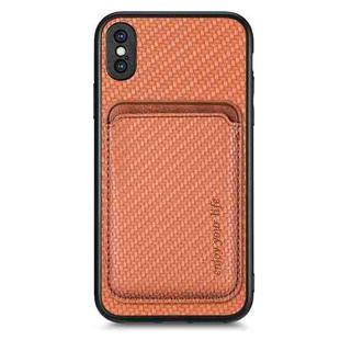 For iPhone XS Max Carbon Fiber Leather Card Magsafe Magnetic Phone Case(Brown)