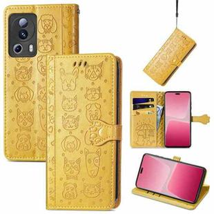 For Xiaomi 13 Lite Cute Cat and Dog Embossed Leather Phone Case(Yellow)