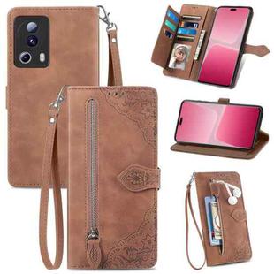 For Xiaomi 13 Lite Embossed Flower Zipper Leather Phone Case(Brown)