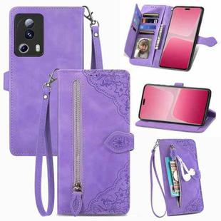 For Xiaomi 13 Lite Embossed Flower Zipper Leather Phone Case(Purple)