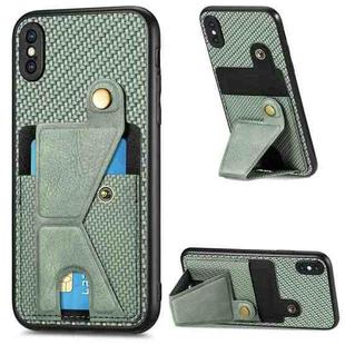 For iPhone X / XS Carbon Fiber Wallet Flip Card K-shaped Holder Phone Case(Green)