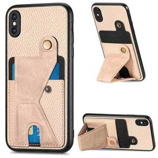 For iPhone X / XS Carbon Fiber Wallet Flip Card K-shaped Holder Phone Case(Khaki)
