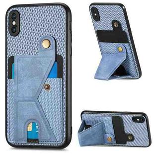 For iPhone XS Max Carbon Fiber Wallet Flip Card K-shaped Holder Phone Case(Blue)