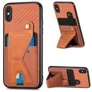 For iPhone XS Max Carbon Fiber Wallet Flip Card K-shaped Holder Phone Case(Brown)