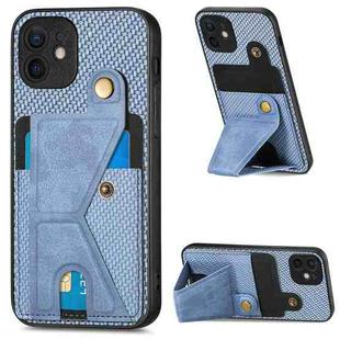 For iPhone 11 Carbon Fiber Wallet Flip Card K-shaped Holder Phone Case(Blue)