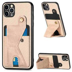 For iPhone 11 Pro Carbon Fiber Wallet Flip Card K-shaped Holder Phone Case(Khaki)