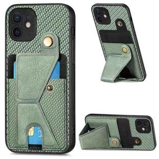 For iPhone 12 Carbon Fiber Wallet Flip Card K-shaped Holder Phone Case(Green)
